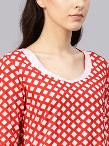 Red Checks Print Straight Kurti