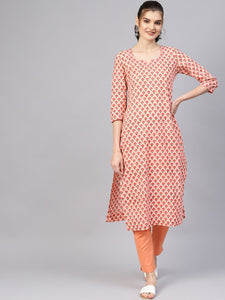 Peach Block Butti Print Kurti