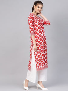 Red Floral Print Straight Kurti