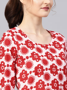 Red Floral Print Straight Kurti