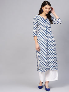 White Lotus Print Cotton Kurti