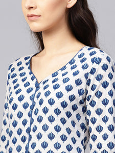 White Lotus Print Cotton Kurti