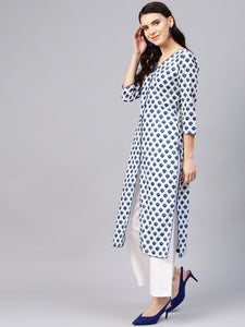 White Lotus Print Cotton Kurti