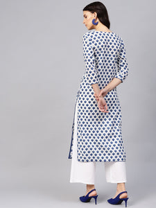 White Lotus Print Cotton Kurti