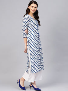 White Lotus Print Cotton Kurti