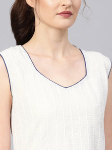 White Cut Work Emboidery Blue Piping Kurti