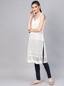 White Cut Work Emboidery Blue Piping Kurti