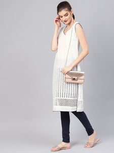 White Cut Work Emboidery Blue Piping Kurti