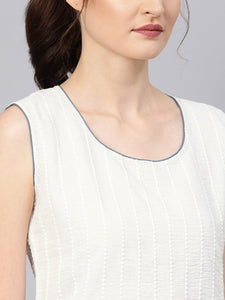 White Cut Work Embroidery Grey Piping Kurti