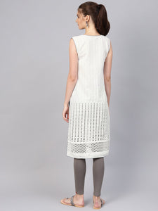 White Cut Work Embroidery Grey Piping Kurti