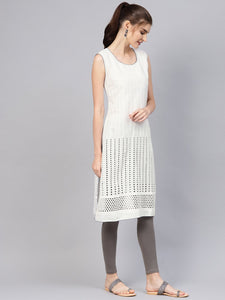 White Cut Work Embroidery Grey Piping Kurti