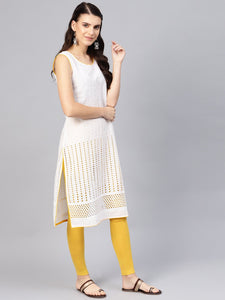 White Cut Work Embroidery Yellow Piping Kurti