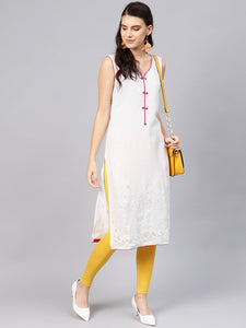 White Embroidery Cut Work Pink Piping Kurti