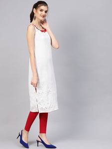 White Cut Work Embroidery Red Piping Kurti