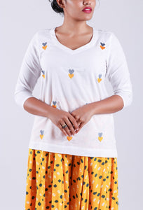 Yellow Heart Motif Embroidery White Top