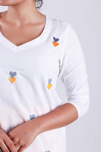 Yellow Heart Motif Embroidery White Top